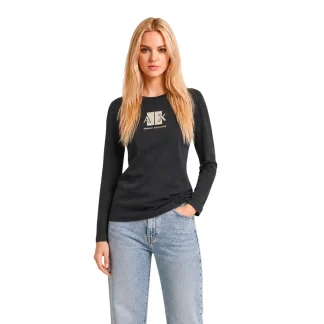 Armani Exchange T-shirt long à col rond en coton noir pour femmes