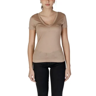 Chemisier pour femme beige à col en V, en lyocell, manches courtes