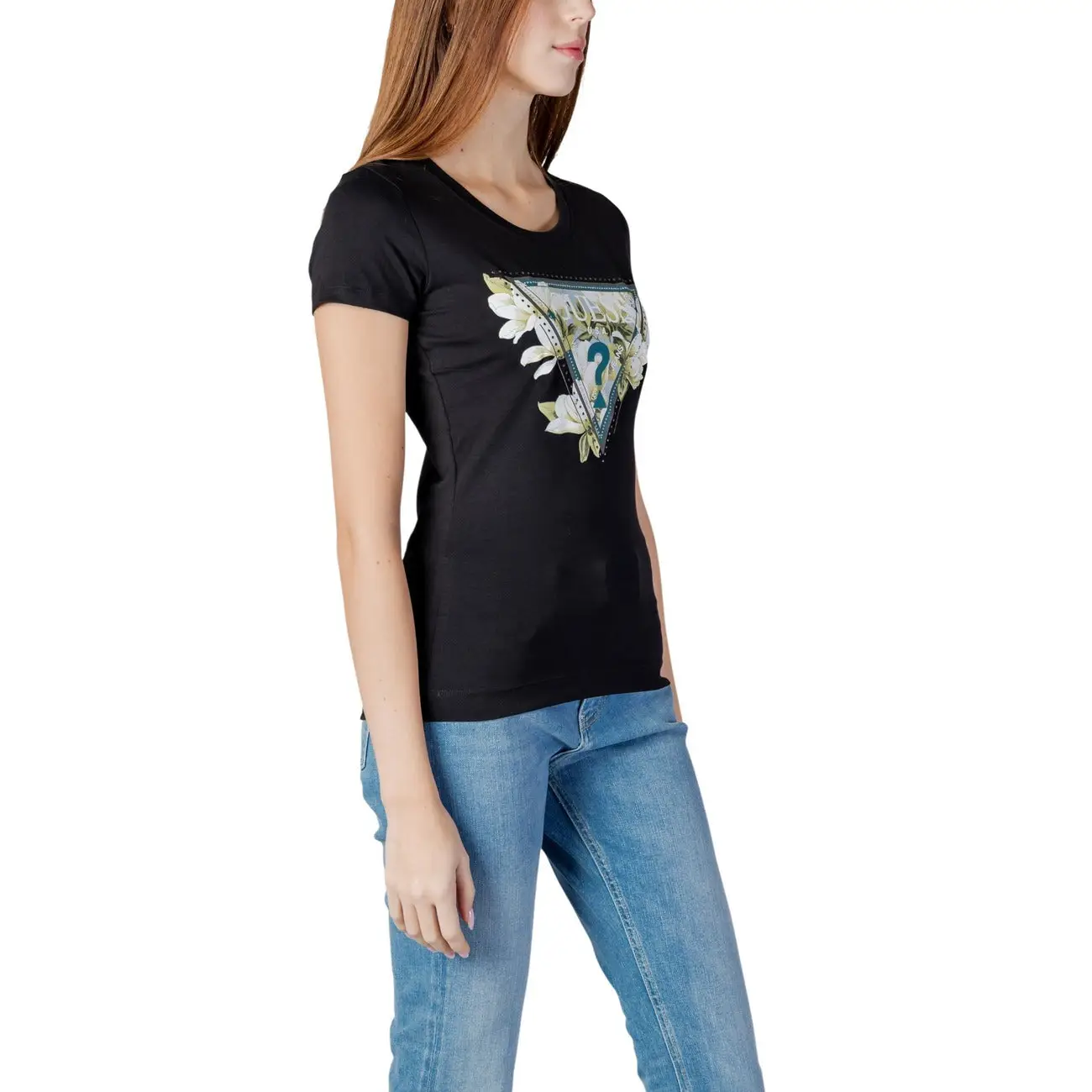T-shirt noir à col rond en coton pour femmes avec logo en strass – Image 5